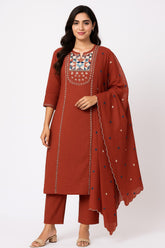Rust Orange Cotton Embroidered Kurta Set with Dupatta for Women